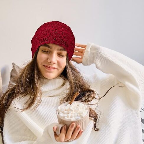 4 Pcs Crochet Slouchy Beanie Hat Fall Handmade Knit Floral Skull Cap Cotton Cutout Summer Hats for Women Lightweight Knitted (Black, Beige, Wine Red, Khaki) in Saudi Arabia