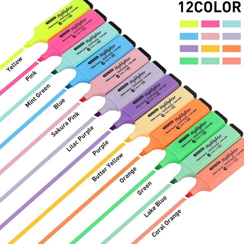 MaxGear Highlighter Pastel Colors Chisel Tip Marker Pens, 12 Assorted Colors Cute Highlighters Pastel Highlighter Set with Low Ordor Ink in Saudi Arabia