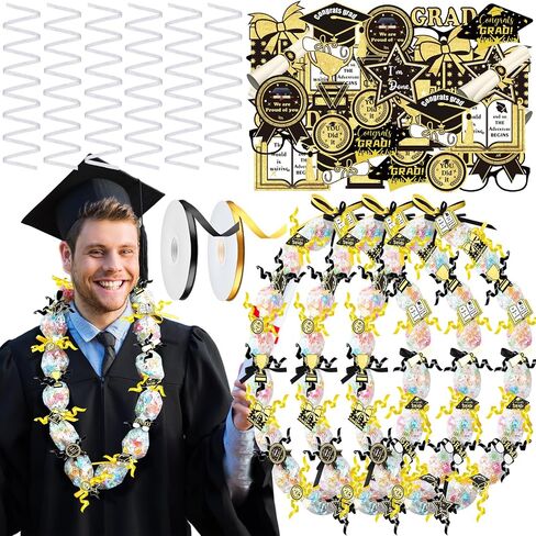 60 Set 2024 Graduation Candy Lei Making Kit DIY Lei Netting Tubing Includes 5 ft Graduation Lei Netting Bags 2 Rolls 300 ft Ribbon 600 Stickers for Graduation Party Gift Lei Kit, Gold and Black in Saudi Arabia