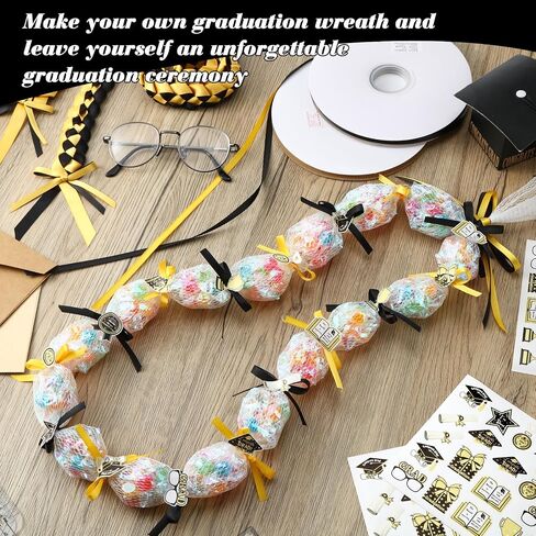 60 Set 2024 Graduation Candy Lei Making Kit DIY Lei Netting Tubing Includes 5 ft Graduation Lei Netting Bags 2 Rolls 300 ft Ribbon 600 Stickers for Graduation Party Gift Lei Kit, Gold and Black in Saudi Arabia