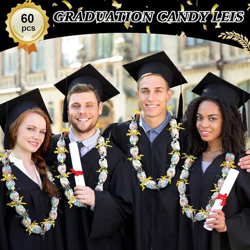 60 Set 2024 Graduation Candy Lei Making Kit DIY Lei Netting Tubing Includes 5 ft Graduation Lei Netting Bags 2 Rolls 300 ft Ribbon 600 Stickers for Graduation Party Gift Lei Kit, Gold and Black in Saudi Arabia