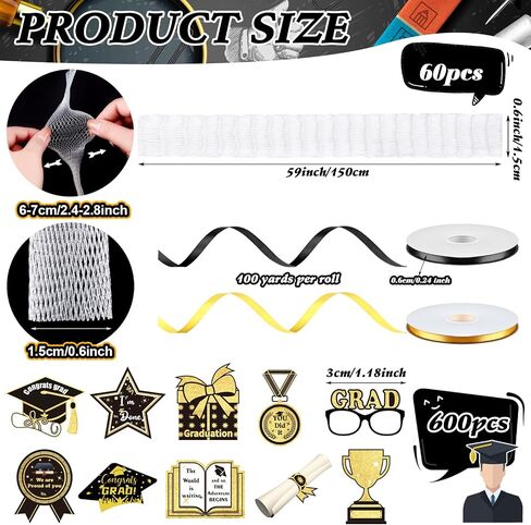 60 Set 2024 Graduation Candy Lei Making Kit DIY Lei Netting Tubing Includes 5 ft Graduation Lei Netting Bags 2 Rolls 300 ft Ribbon 600 Stickers for Graduation Party Gift Lei Kit, Gold and Black in Saudi Arabia