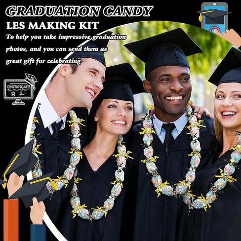 60 Set 2024 Graduation Candy Lei Making Kit DIY Lei Netting Tubing Includes 5 ft Graduation Lei Netting Bags 2 Rolls 300 ft Ribbon 600 Stickers for Graduation Party Gift Lei Kit, Gold and Black in Saudi Arabia