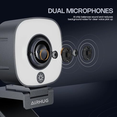 AIRHUG 2K Webcam with Ring Light, Web Camera with Dual Microphones, USB Plug and Play for Laptop,with Privacy Cover,Compatible Skype Zoom YouTube in Kuwait