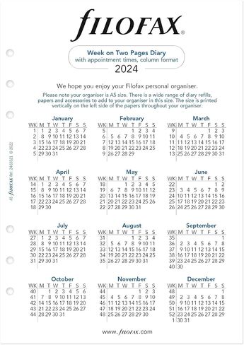 Filofax Calendar Diary Refill, A5 Size, Week-to-View with Appointments, Vertical, Multi-Fit, White Paper, English, 2024 (C68521M-24) in Saudi Arabia