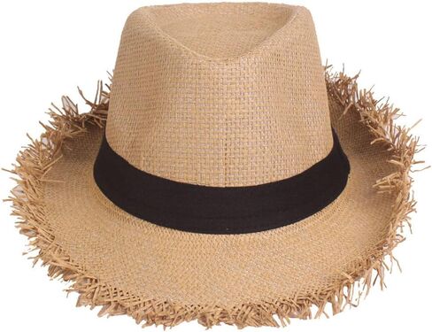 Fringed Straw Fedora Hat for Women Men Short Brim Roll Up Trilby Panama Hat UPF 50+ Summer Beach Straw Sun Hat Retro Jazz Hat in Saudi Arabia