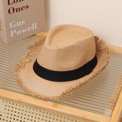 Fringed Straw Fedora Hat for Women Men Short Brim Roll Up Trilby Panama Hat UPF 50+ Summer Beach Straw Sun Hat Retro Jazz Hat in Saudi Arabia