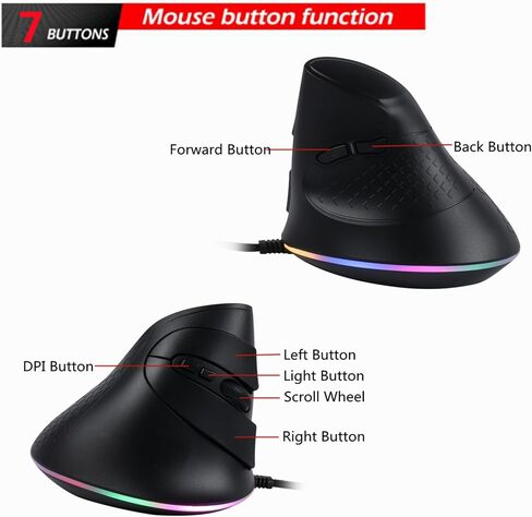 YOCUNKER USB ماوس عمودي سلكي 11 RGB بإضاءة خلفية 7200 نقطة في البوصة ماوس بصري مريح قابل للتعديل 6 أزرار، يقلل من إجهاد المعصم، متوافق مع MacBook/PC/الكمبيوتر المحمول/سطح المكتب/Windows/Mac OS (أسود) in Kuwait