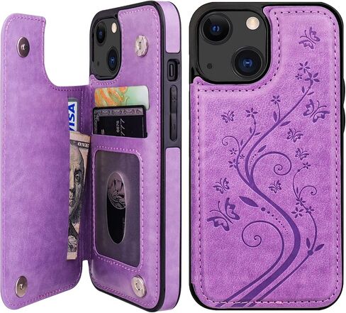 Vaburs Compatible with iPhone 13 Case Wallet with Card Holder, Embossed Butterfly Pattern PU Leather Double Buttons Flip Shockproof Protective Cover for Magnetic Car Mount 6.1 Inch (Blue) in Saudi Arabia