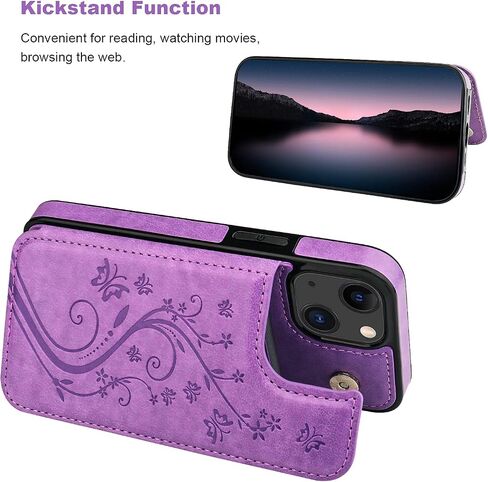 Vaburs Compatible with iPhone 13 Case Wallet with Card Holder, Embossed Butterfly Pattern PU Leather Double Buttons Flip Shockproof Protective Cover for Magnetic Car Mount 6.1 Inch (Blue) in Saudi Arabia
