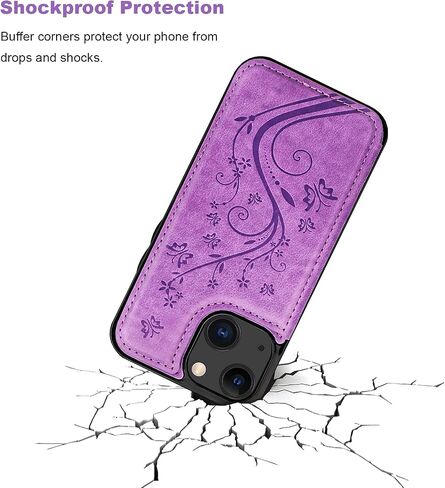 Vaburs Compatible with iPhone 13 Case Wallet with Card Holder, Embossed Butterfly Pattern PU Leather Double Buttons Flip Shockproof Protective Cover for Magnetic Car Mount 6.1 Inch (Blue) in Saudi Arabia