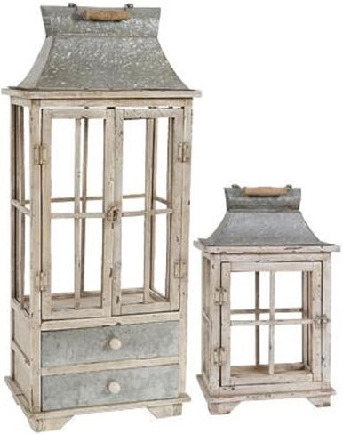 A & B Home 36.5 in and 20.5 in H Ivory/Silver Fir Wood and Metal Evelyn Enclosed Lantern (Set of 2) w/Handle and Drawers, Home Accent Decor in Saudi Arabia