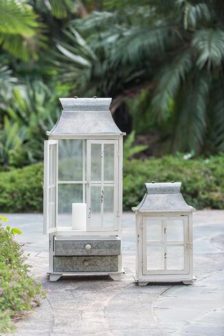 A & B Home 36.5 in and 20.5 in H Ivory/Silver Fir Wood and Metal Evelyn Enclosed Lantern (Set of 2) w/Handle and Drawers, Home Accent Decor in Saudi Arabia