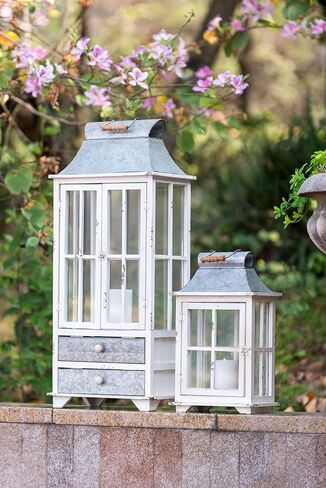 A & B Home 36.5 in and 20.5 in H Ivory/Silver Fir Wood and Metal Evelyn Enclosed Lantern (Set of 2) w/Handle and Drawers, Home Accent Decor in Saudi Arabia