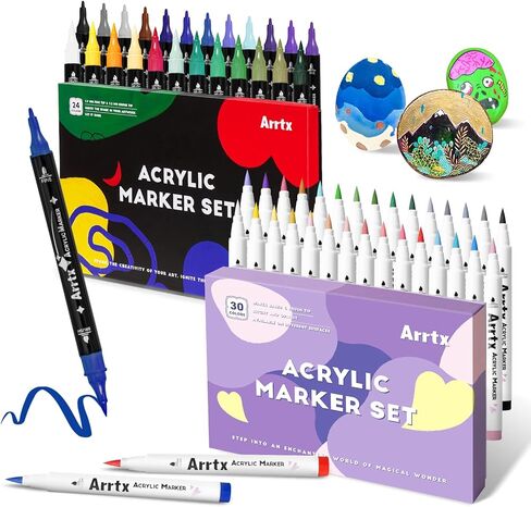 أقلام طلاء أكريليك من Arrtx 54 قطعة، أقلام طلاء ذات طرف مزدوج، رأس رفيع للرسم الصخري، لوازم طلاء أكريليك مائي لطلاء القماش، السيراميك، القماش، القماش، الخشب، الزجاج in Kuwait