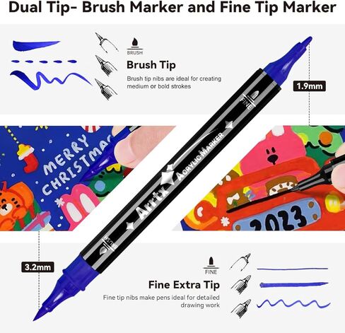 أقلام طلاء أكريليك من Arrtx 54 قطعة، أقلام طلاء ذات طرف مزدوج، رأس رفيع للرسم الصخري، لوازم طلاء أكريليك مائي لطلاء القماش، السيراميك، القماش، القماش، الخشب، الزجاج in Kuwait