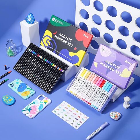 أقلام طلاء أكريليك من Arrtx 54 قطعة، أقلام طلاء ذات طرف مزدوج، رأس رفيع للرسم الصخري، لوازم طلاء أكريليك مائي لطلاء القماش، السيراميك، القماش، القماش، الخشب، الزجاج in Kuwait