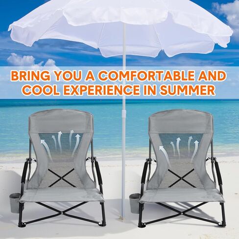 6 Pcs Portable Folding Beach Chair for Adults Lightweight Sand Chair Mesh Back Camping Chair Low Seat Lawn Chair with Cup Holder & Carry Bag for Outdoor Sand Lawn Travel Picnic Festival Concert in Saudi Arabia