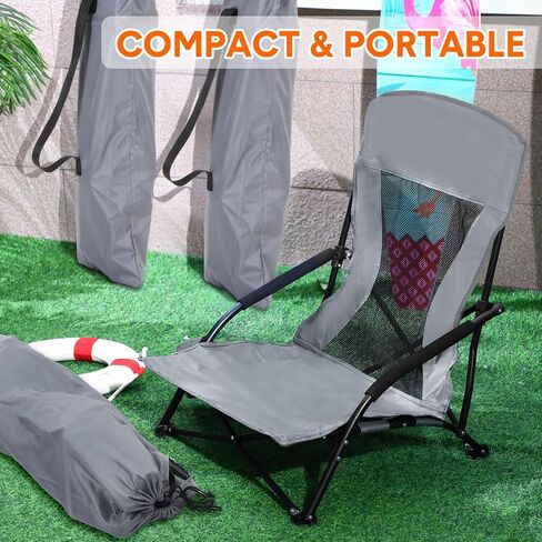 6 Pcs Portable Folding Beach Chair for Adults Lightweight Sand Chair Mesh Back Camping Chair Low Seat Lawn Chair with Cup Holder & Carry Bag for Outdoor Sand Lawn Travel Picnic Festival Concert in Saudi Arabia