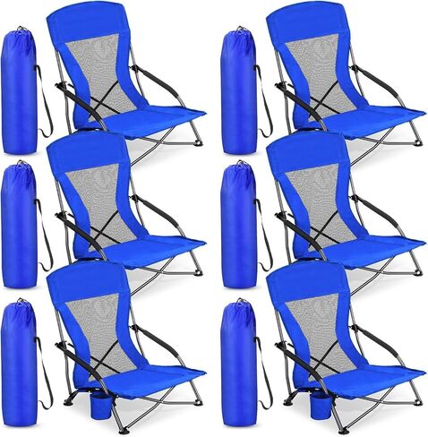 6 Pcs Portable Folding Beach Chair for Adults Lightweight Sand Chair Mesh Back Camping Chair Low Seat Lawn Chair with Cup Holder & Carry Bag for Outdoor Sand Lawn Travel Picnic Festival Concert in Saudi Arabia
