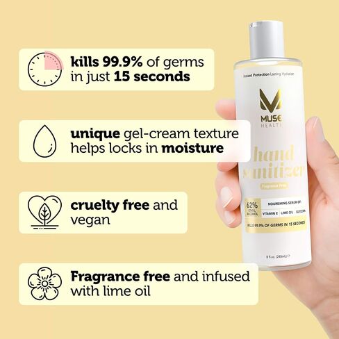 Muse Health Fragrance Free Hand Sanitizer - 62% Alcohol - Contains Moisturizing Vitamin E and Essential Oil - Kills 99.9% of germs in 15 seconds, 8 oz (Pack of 1) in Saudi Arabia
