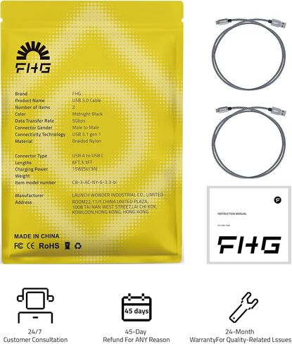 FHG 3.3FT USB 3.0 to USB C Cable 2Pack, High-Speed Transfer of 1GB in 2sec, 3A Fast Charging from 20% to 80% in 35mins, Sturdy Nylon Braided USB Data Cable, Compatible for iPhone 15/Galaxy/Mac/Win in Saudi Arabia