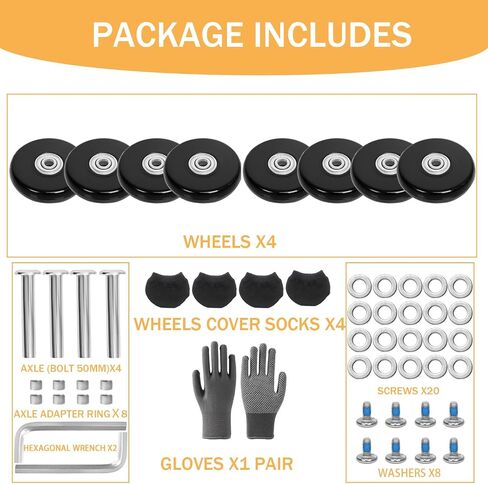 50mm x 14mm Luggage Replacement Wheels Set 8Pcs Rubber Swivel Caster Wheels with 4Pcs Wheels Cover Socks 50mm Axles and Repair Kit for Luggage Bags Trolley Case in Saudi Arabia