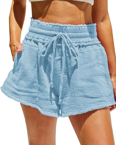 Paintcolors المرأة السراويل الصيف عادية عالية مرونة الخصر رباط قطن مطوي كشكش فلوي شورتات للبحر مع جيوب in Kuwait