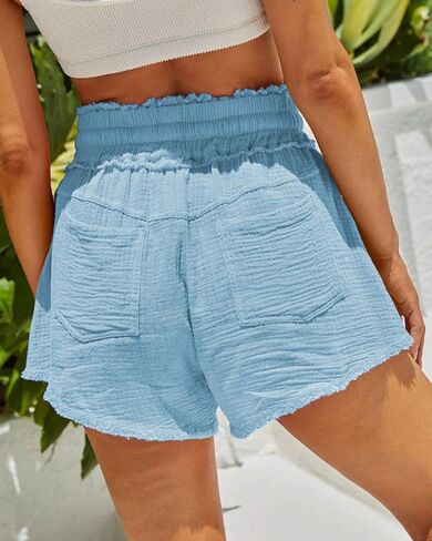 Paintcolors المرأة السراويل الصيف عادية عالية مرونة الخصر رباط قطن مطوي كشكش فلوي شورتات للبحر مع جيوب in Kuwait