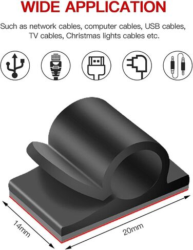 Large Cable Clips with Storage Box, 100pcs Black Adhesive Cable Holder Clips, Outdoor Light Wire Clips Cable Tidy Hooks Cord Organiser for Cable Management, Home Office Desk Wall, 14x20mm in Saudi Arabia