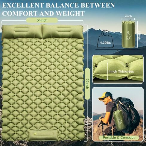SJEhome Double Sleeping Pad for Camping, Low Noise Self Inflating Camping Pad, Inflatable Camping Mattress with Pillows Built-in Pump, Portable Camping Mat for Tent Backpacking Hiking Traveling in Saudi Arabia