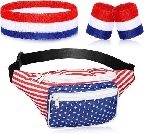 eccliy 4 قطع العلم الأمريكي حزمة فاني مع العصابة الوطنية وأساور المعصم 4th من يوليو حقيبة الخصر تيري القماش معصمه 4th من يوليو الملحقات للياقة البدنية الرجال النساء تجريب في الهواء الطلق ممارسة اليوغا in Kuwait