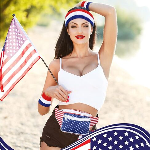 eccliy 4 قطع العلم الأمريكي حزمة فاني مع العصابة الوطنية وأساور المعصم 4th من يوليو حقيبة الخصر تيري القماش معصمه 4th من يوليو الملحقات للياقة البدنية الرجال النساء تجريب في الهواء الطلق ممارسة اليوغا in Kuwait