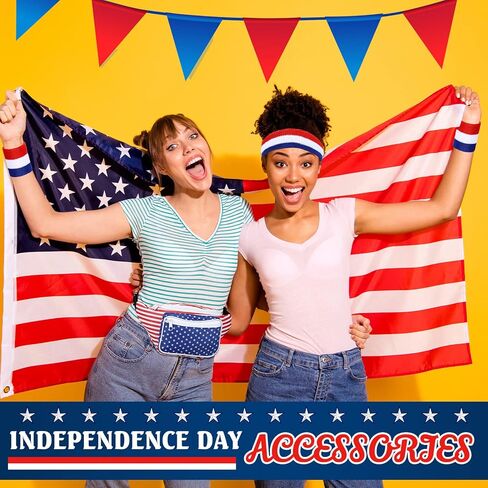 eccliy 4 قطع العلم الأمريكي حزمة فاني مع العصابة الوطنية وأساور المعصم 4th من يوليو حقيبة الخصر تيري القماش معصمه 4th من يوليو الملحقات للياقة البدنية الرجال النساء تجريب في الهواء الطلق ممارسة اليوغا in Kuwait