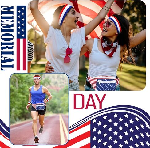 eccliy 4 قطع العلم الأمريكي حزمة فاني مع العصابة الوطنية وأساور المعصم 4th من يوليو حقيبة الخصر تيري القماش معصمه 4th من يوليو الملحقات للياقة البدنية الرجال النساء تجريب في الهواء الطلق ممارسة اليوغا in Kuwait