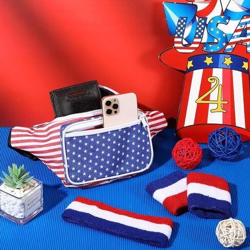 eccliy 4 قطع العلم الأمريكي حزمة فاني مع العصابة الوطنية وأساور المعصم 4th من يوليو حقيبة الخصر تيري القماش معصمه 4th من يوليو الملحقات للياقة البدنية الرجال النساء تجريب في الهواء الطلق ممارسة اليوغا in Kuwait