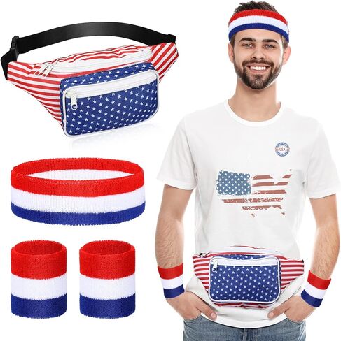 eccliy 4 قطع العلم الأمريكي حزمة فاني مع العصابة الوطنية وأساور المعصم 4th من يوليو حقيبة الخصر تيري القماش معصمه 4th من يوليو الملحقات للياقة البدنية الرجال النساء تجريب في الهواء الطلق ممارسة اليوغا in Kuwait