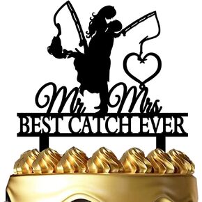 Funny Fishing Wedding Cake Topper - Best Catch Ever - Groom Hugging Bride Fishing Couple Cake Topper, Mr&Mrs Wedding Cake Topper (Fishing Couple)