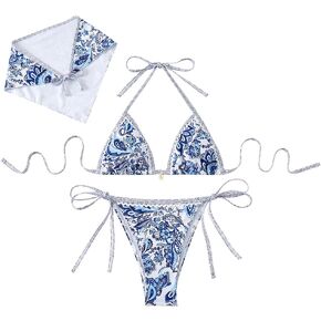 Women's Triangle Bikini Blue and White Floral String Bikini Set Two Piece Sexy Swimsuit Comes with a Headscarf