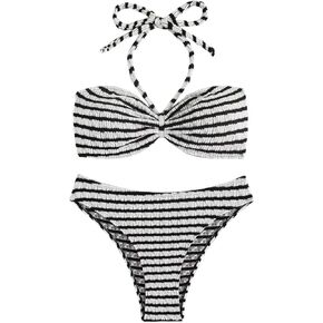 Women's Striped Halter Bathing Suit Colorblock High Waisted Swimsuit Bikini Set