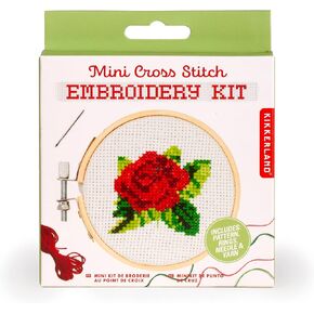 Kikkerland DIY Mini Cross Stitch Rose Embroidery Craft Starter Kit Set, with Pattern Instructions, 3" Bamboo Hoop, Stress Relief, Adult Beginner Friendly