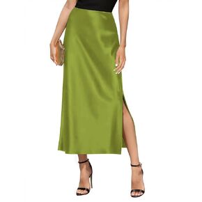 Women's Satin High Waisted Side Split Maxi Skirt Elastic Waistband Elegant Work Skirts Party Wedding Flared A-Line Skirts