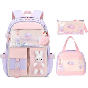 Girls Backpack,Kawaii Bunny Backpack for Girls Kindergarten Cute Elementary Schoolbag with Lunch Box Kids Backpack Children Bookbag Casual Daypack with Chest Strap
