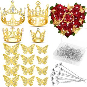 cridoz Gold Crowns for Flower Bouquets, Flower Bouquet Accessories Including 4 Pcs Cake Crown Topper, 12 Pcs Butterfly Decorations and 50 Pcs Flower Pins for Birthday Wedding Baby Shower