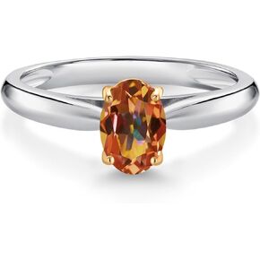 Gem Stone King 925 Sterling Silver and 10K Yellow Gold Ecstasy Mystic Topaz Solitaire Engagement Ring For Women (1.00 Cttw, Oval 7X5MM, Gemstone Birthstone, Available In Size 5, 6, 7, 8, 9)