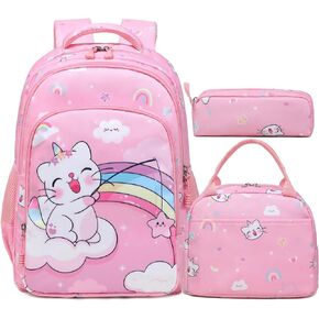 Kimwadalh Girls Backpack with Lunch Box Pencil Case for School, 3in1 Schoolbag Set with Chest Strap for Elementary Preschool
