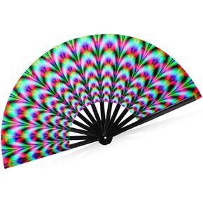 Yinkin Large Rave Fan Folding Hand Fan with Fabric Bag Clack Colorful Holographic Rave Fan for Men Women Bamboo Ribs Decorative Accessories Gifts for Festival Music Dancing Parties