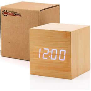 GEARONIC Digital Alarm Clock, Wooden Alarm Clocks, LED Clock for Bedroom, Small Digital clock with USB LED and Charger, Square Shape with Compatible Size Suitable for Bedrooms, Office-White