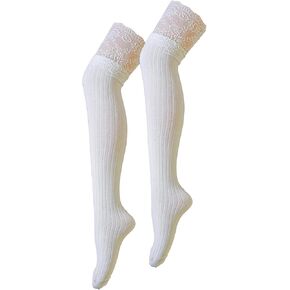 جوارب نسائية ناعمة عالية للركبة بلون سادة مخططة من الدانتيل فوق الركبة جوارب قطنية للنساء in Kuwait