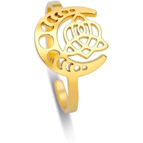 TEAMER Adjustable Lotus Ring Stainless Steel Moon Phase Ring Geometric OM Symbol Celtic Knot Ring Simple Jewelry for Women Girls